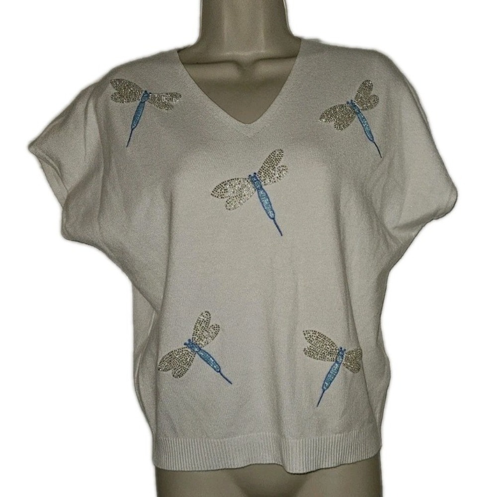 LIV Milano White Knit Sweater Stretch Beaded Dragonfly Short Sleeve Women's‎ XS